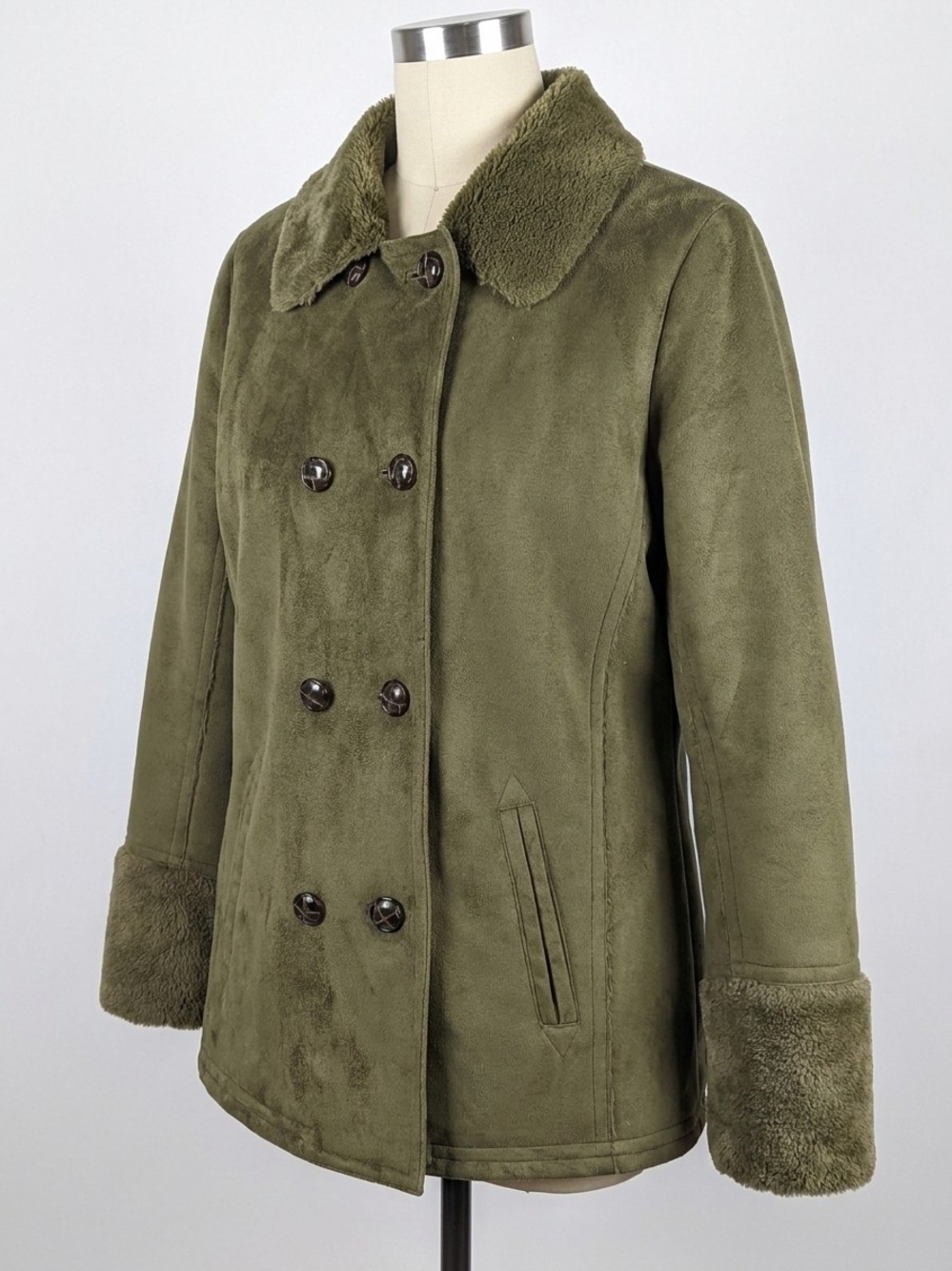 Isaac Mizrahi Live! Women’s Olive Green Faux Suede Sherpa Coat Jacket Size L